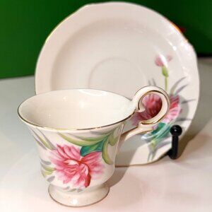 VTG Japan Porcelain Demitasse Cup Saucer Pink Carnation Gold Trim Unknown Maker